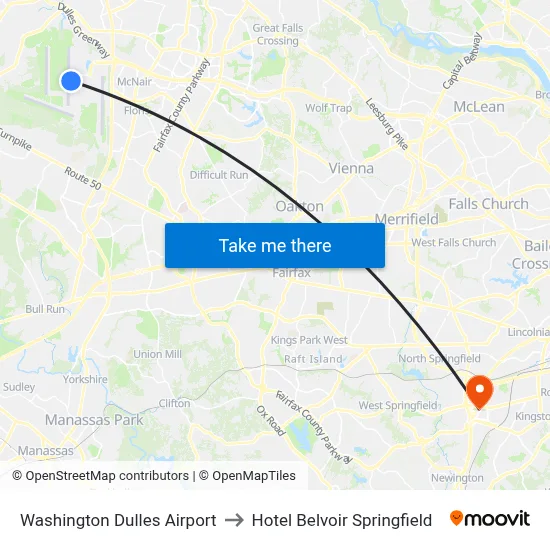 Washington Dulles Airport to Hotel Belvoir Springfield map