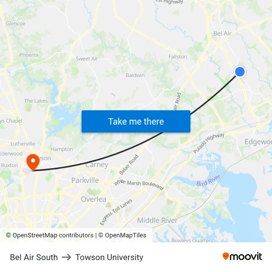 Bel Air South to Towson University map