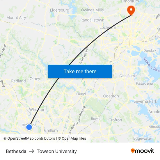 Bethesda to Towson University map