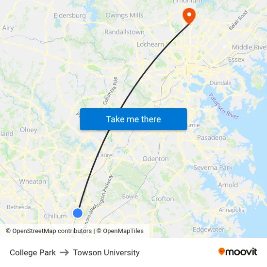 College Park to Towson University map