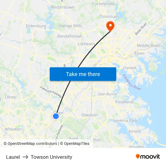 Laurel to Towson University map
