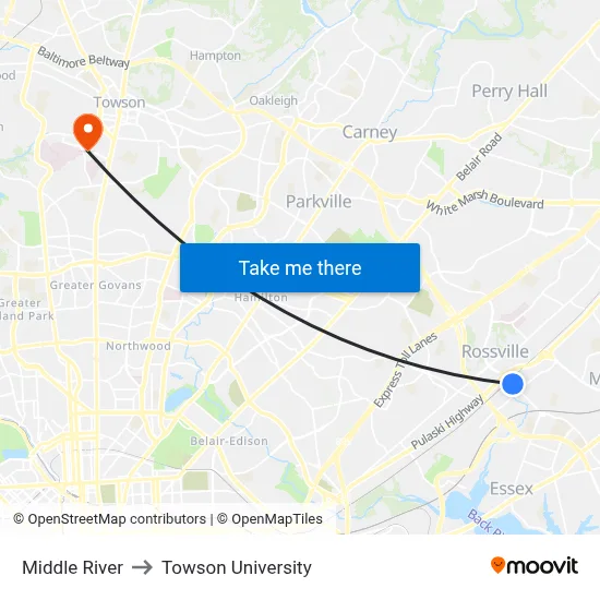 Middle River to Towson University map