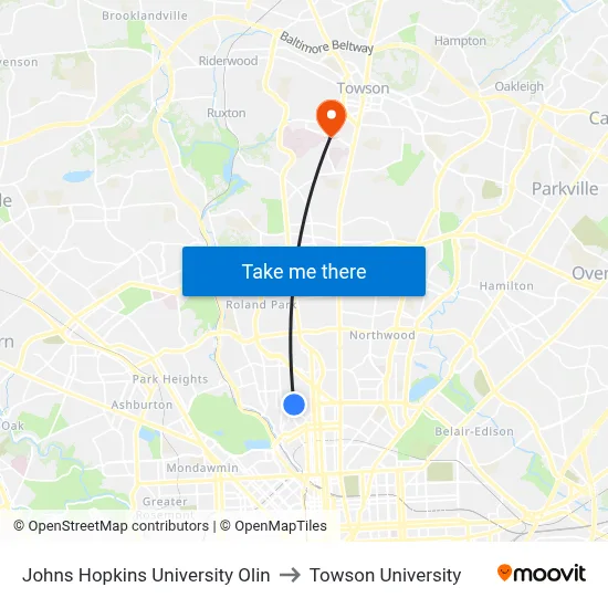 Johns Hopkins University Olin to Towson University map