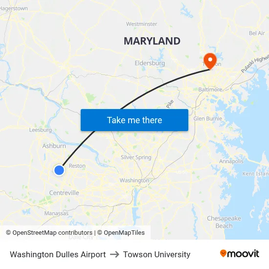 Washington Dulles Airport to Towson University map