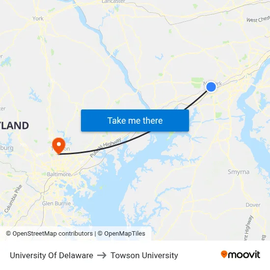 University Of Delaware to Towson University map