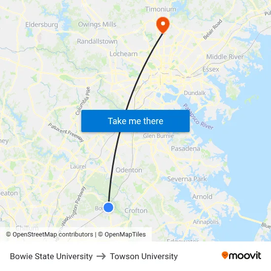 Bowie State University to Towson University map