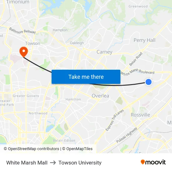 White Marsh Mall to Towson University map