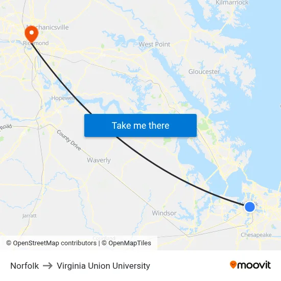 Norfolk to Virginia Union University map