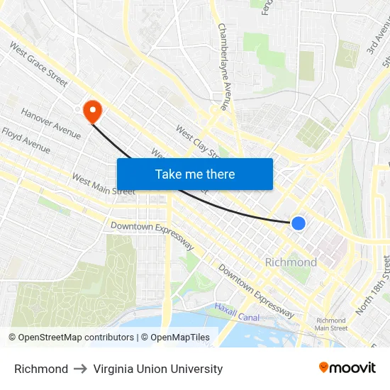 Richmond to Virginia Union University map
