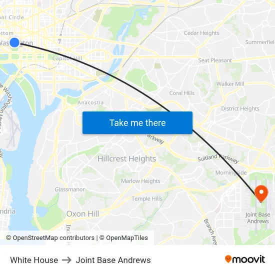 White House to Joint Base Andrews map