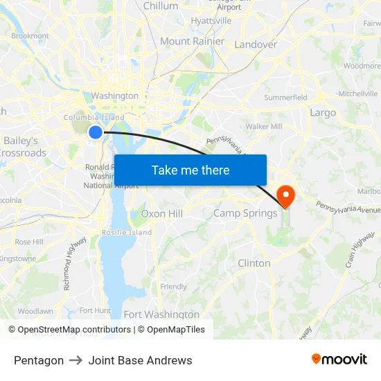 Pentagon to Joint Base Andrews map
