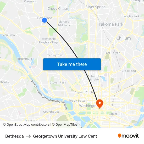 Bethesda to Georgetown University Law Cent map