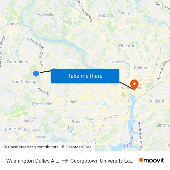 Washington Dulles Airport to Georgetown University Law Cent map