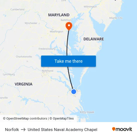 Norfolk to United States Naval Academy Chapel map
