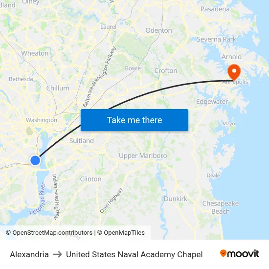 Alexandria to United States Naval Academy Chapel map