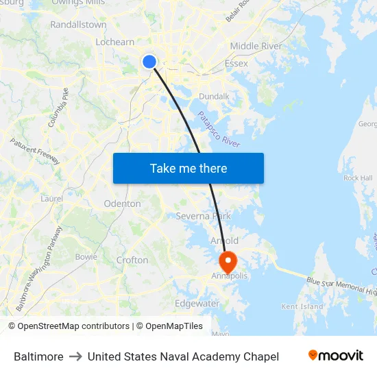 Baltimore to United States Naval Academy Chapel map