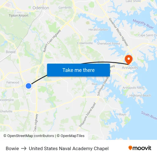 Bowie to United States Naval Academy Chapel map