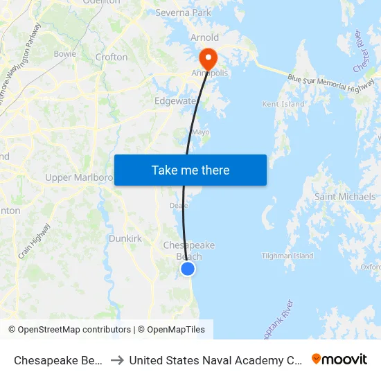 Chesapeake Beach to United States Naval Academy Chapel map