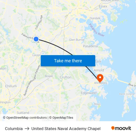 Columbia to United States Naval Academy Chapel map