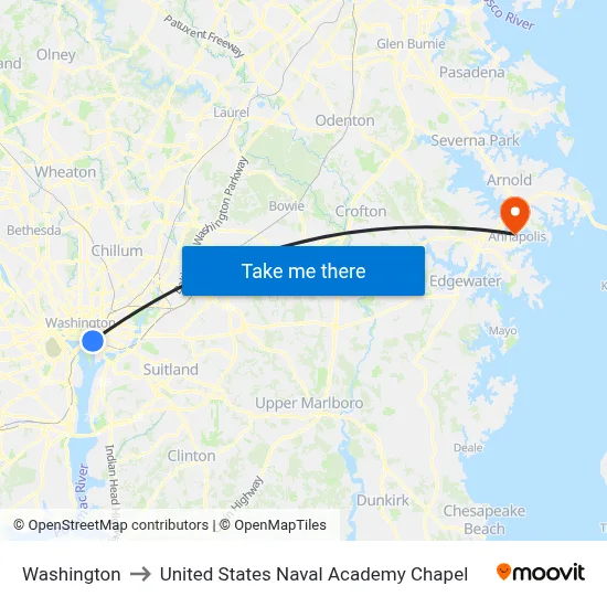Washington to United States Naval Academy Chapel map