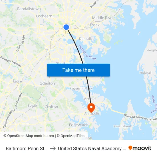 Baltimore Penn Station to United States Naval Academy Chapel map