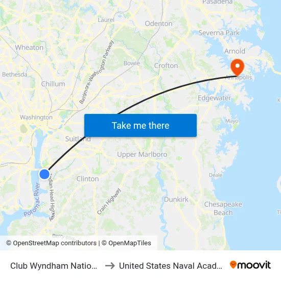 Club Wyndham National Harbor to United States Naval Academy Chapel map