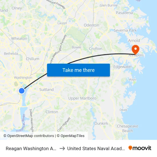 Reagan Washington Airport DCA to United States Naval Academy Chapel map