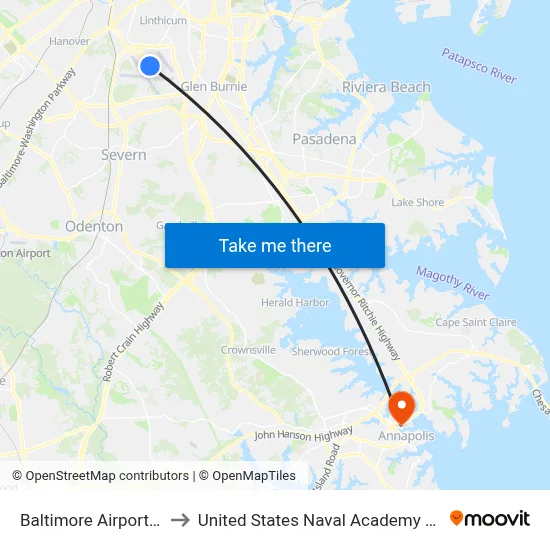 Baltimore Airport BWI to United States Naval Academy Chapel map