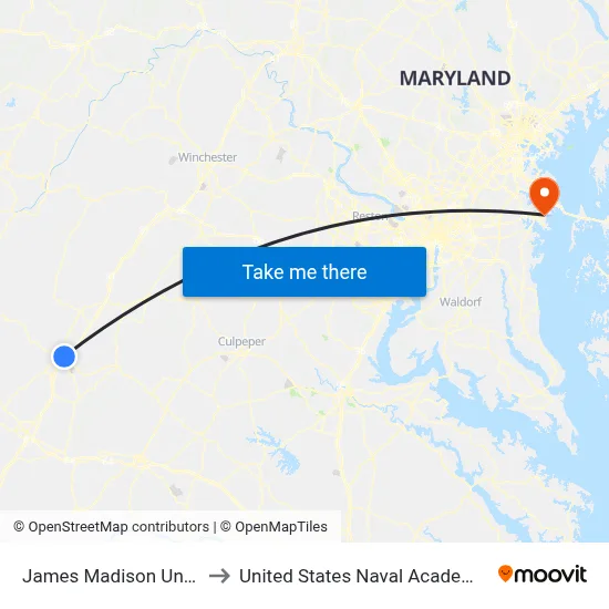 James Madison University to United States Naval Academy Chapel map