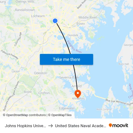Johns Hopkins University Olin to United States Naval Academy Chapel map
