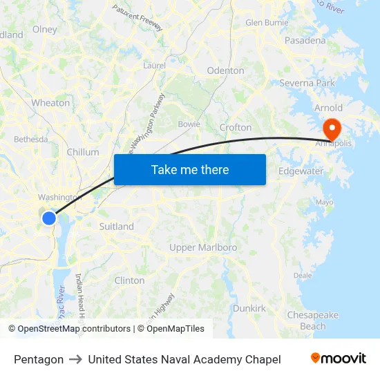 Pentagon to United States Naval Academy Chapel map