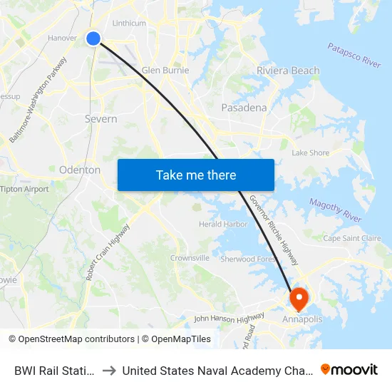 BWI Rail Station to United States Naval Academy Chapel map