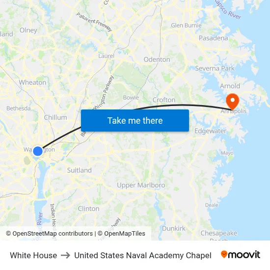 White House to United States Naval Academy Chapel map