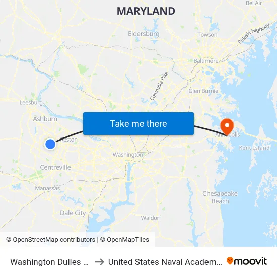Washington Dulles Airport to United States Naval Academy Chapel map