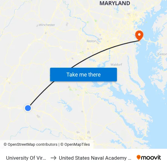 University Of Virginia to United States Naval Academy Chapel map