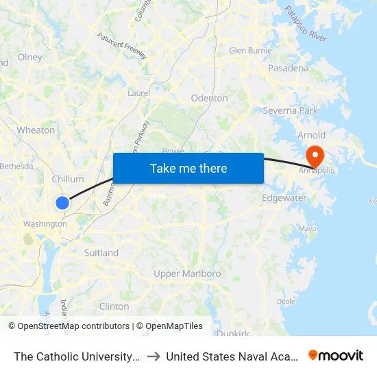 The Catholic University Of America to United States Naval Academy Chapel map