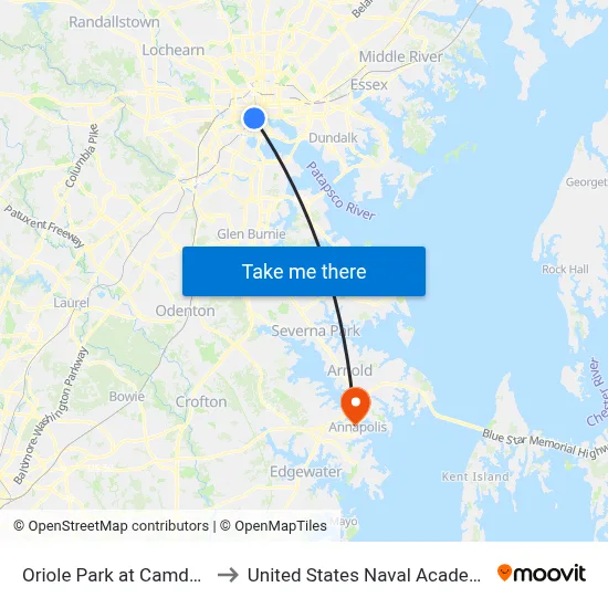 Oriole Park at Camden Yards to United States Naval Academy Chapel map