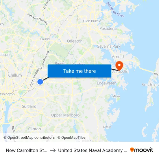 New Carrollton Station to United States Naval Academy Chapel map