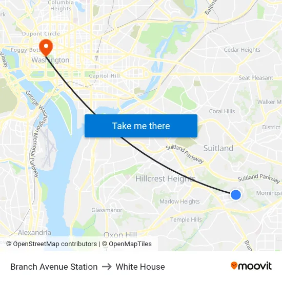 Branch Avenue Station to White House map