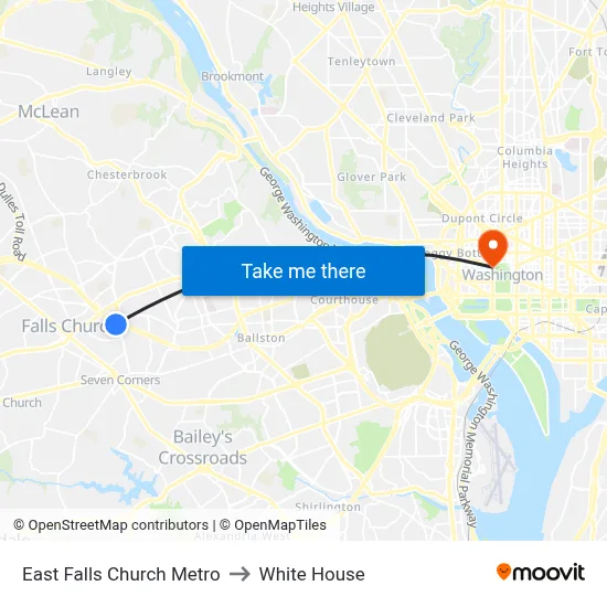 East Falls Church Metro to White House map