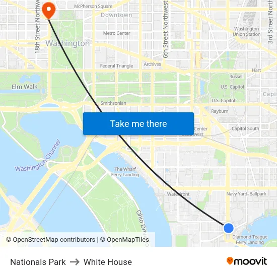 Nationals Park to White House map
