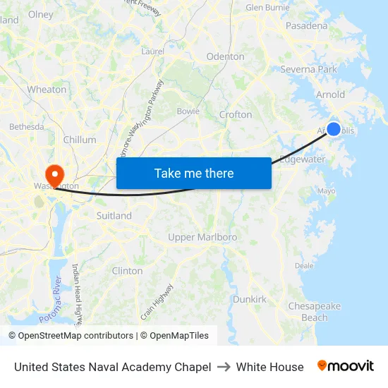United States Naval Academy Chapel to White House map