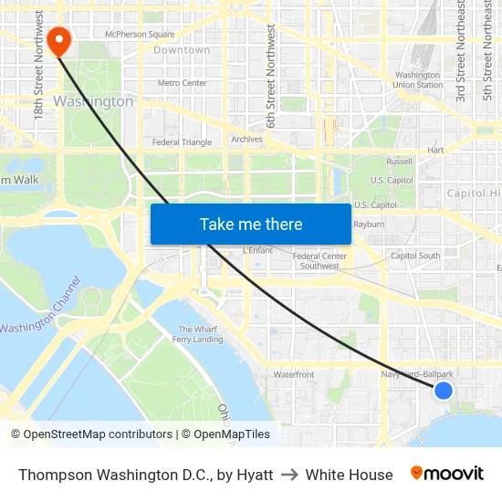 Thompson Washington D.C., by Hyatt to White House map