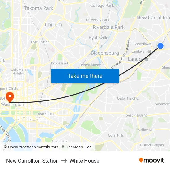 New Carrollton Station to White House map