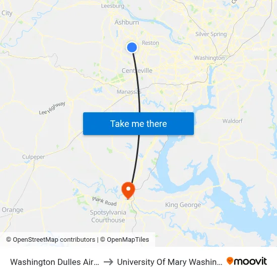 Washington Dulles Airport to University Of Mary Washington map