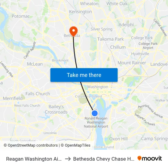 Reagan Washington Airport DCA to Bethesda Chevy Chase High School map