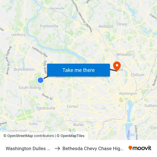 Washington Dulles Airport to Bethesda Chevy Chase High School map