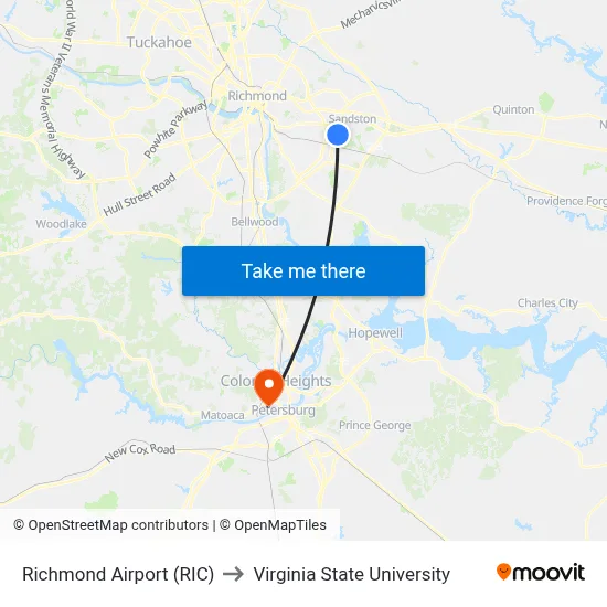 Richmond Airport (RIC) to Virginia State University map