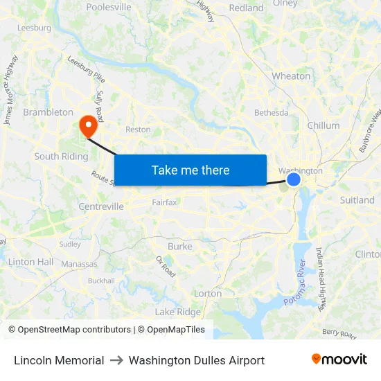 Lincoln Memorial to Washington Dulles Airport map