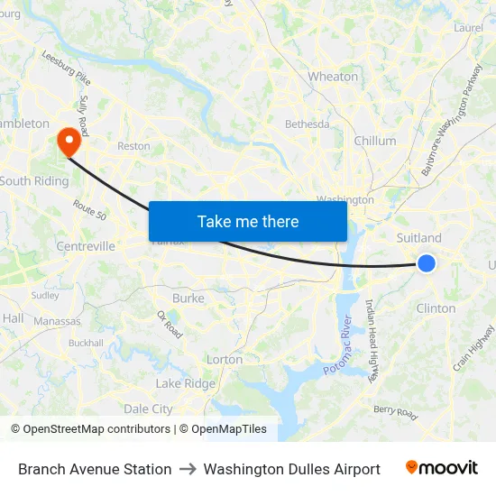 Branch Avenue Station to Washington Dulles Airport map